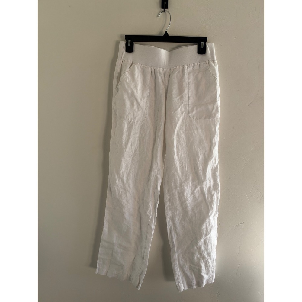Allen Allen White Linen Pants Small Elastic Waistband Straight Leg Pockets